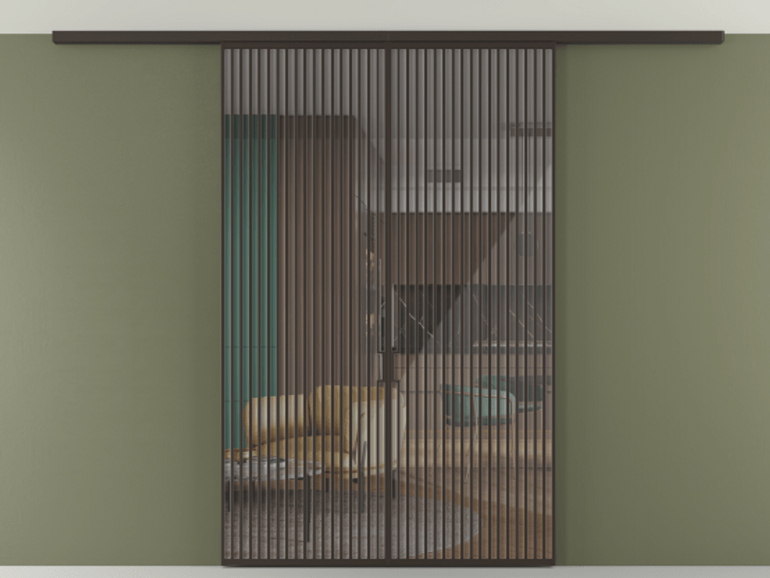 Перегородка Формато вдоль стены на потолок 2 створки АЛПР 040.06 Алюминий антрацит Рефлективное прозрачное стекло "Стопсол", калёное Цена 380156 ₽ | Volhovec