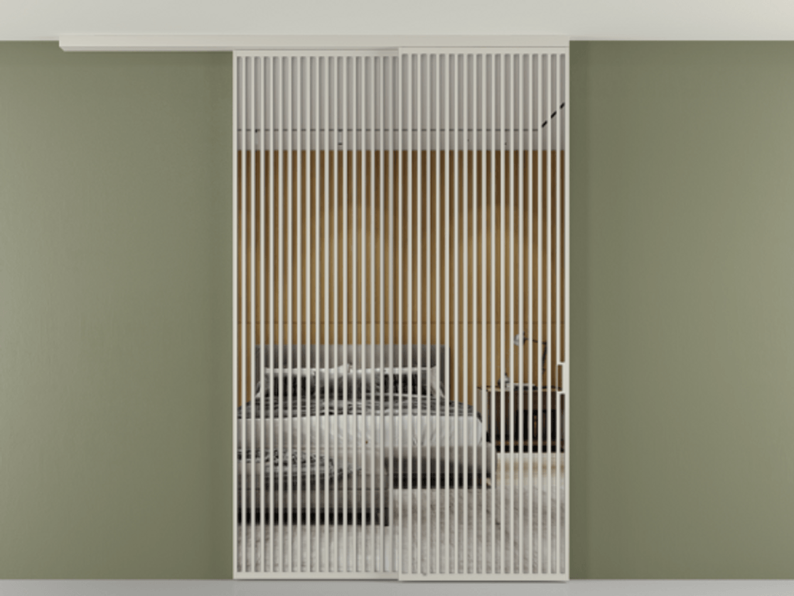 Перегородка Формато вдоль стены на потолок 2 створки с синхронным механизмом АЛПР 040.06 Алюминий тёплый серый Двустороннее зеркало, триплекс , триплекс 6 мм Цена 526620 ₽ | Volhovec