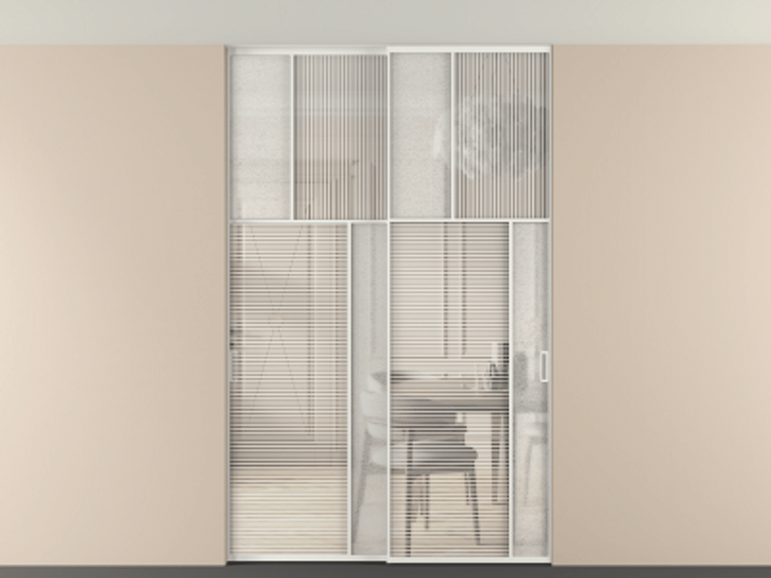 Перегородка Мозаик внутри проёма скрытое крепление в потолок 2 створки АЛПР 041.23 Алюминий светло-серый Рифлёное стекло "Дюна", триплекс, 6 мм + Фактурное стекло "Лёд", триплекс Цена 340580 ₽ | Volhovec