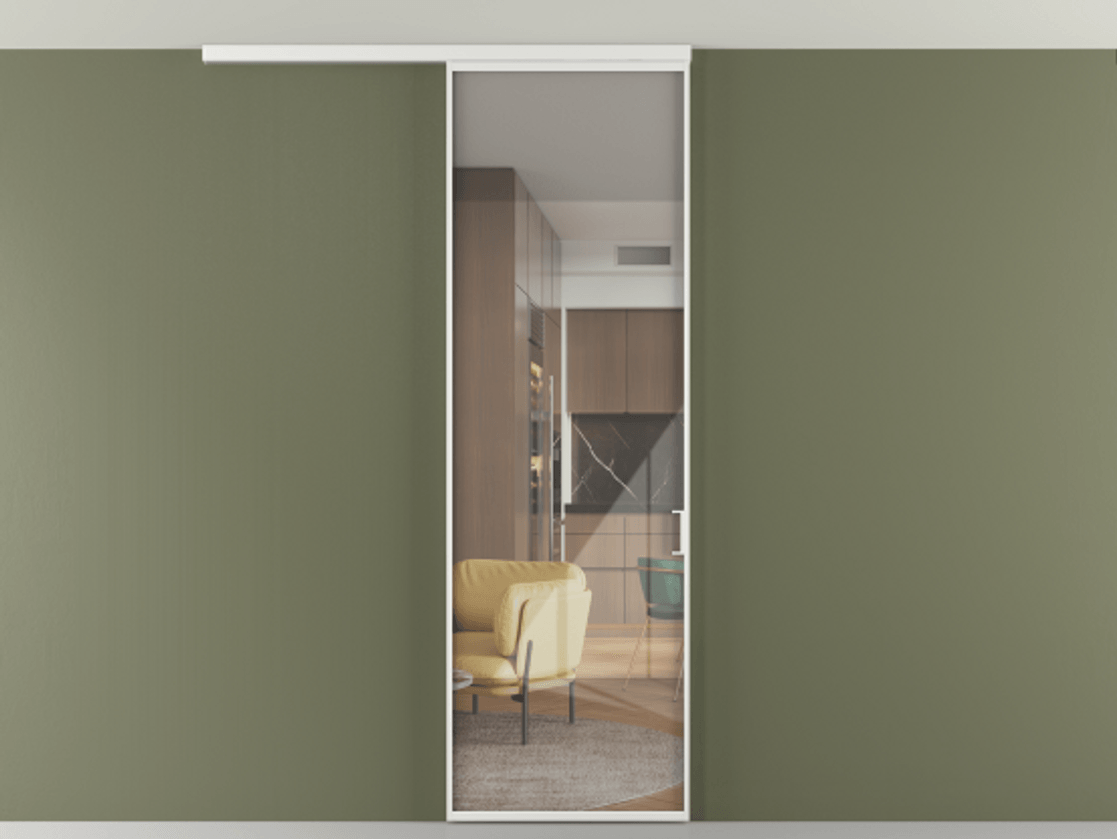 Перегородка Формато вдоль стены на потолок 1 створка АЛПР 040.01 Алюминий белоснежный Рефлективное прозрачное стекло "Стопсол", калёное Цена 102636 ₽ | Volhovec