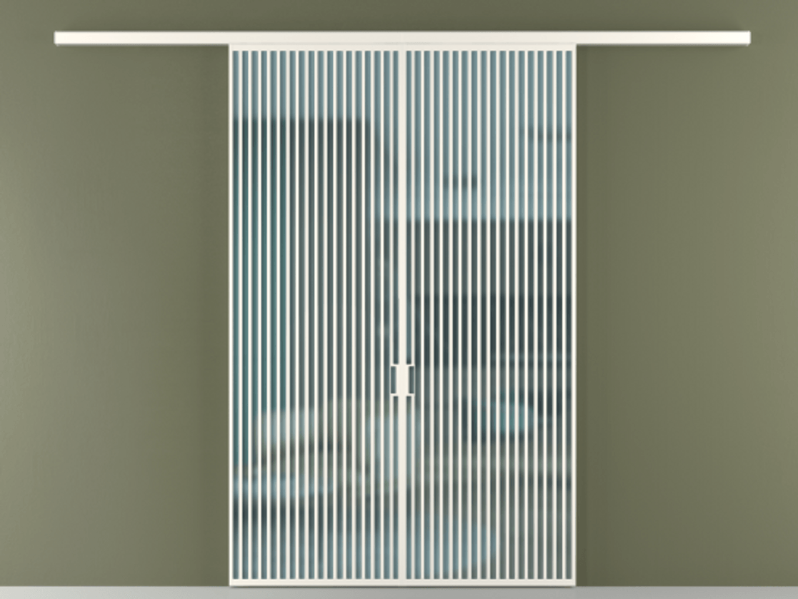 Перегородка Formato вдоль стены 2 створки АЛПР 040.06 Алюминий пудровый белый Сатинированное голубое стекло, триплекс Цена 342450 ₽ | Volhovec