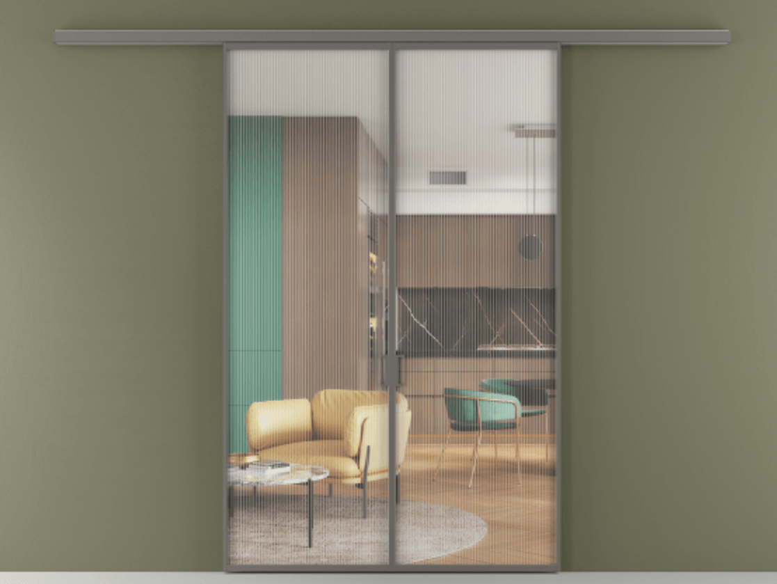 Перегородка Формато вдоль стены 2 створки АЛПР 040.01 Алюминий классический серый Рифлёное стекло "Мору", триплекс Цена 199350 ₽ | Volhovec