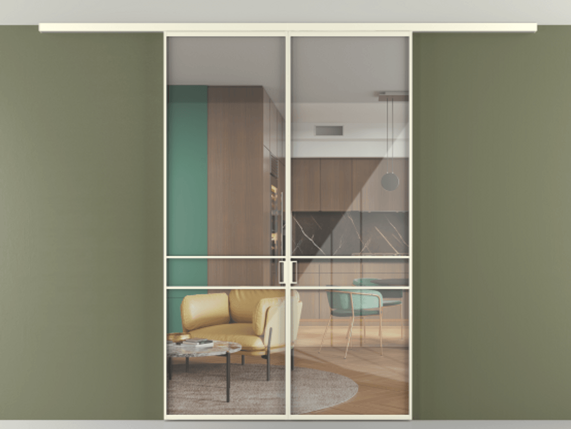 Перегородка Формато вдоль стены на потолок 2 створки АЛПР 040.02 Алюминий молочно-белый Рефлективное прозрачное стекло "Стопсол", калёное Цена 207676 ₽ | Volhovec