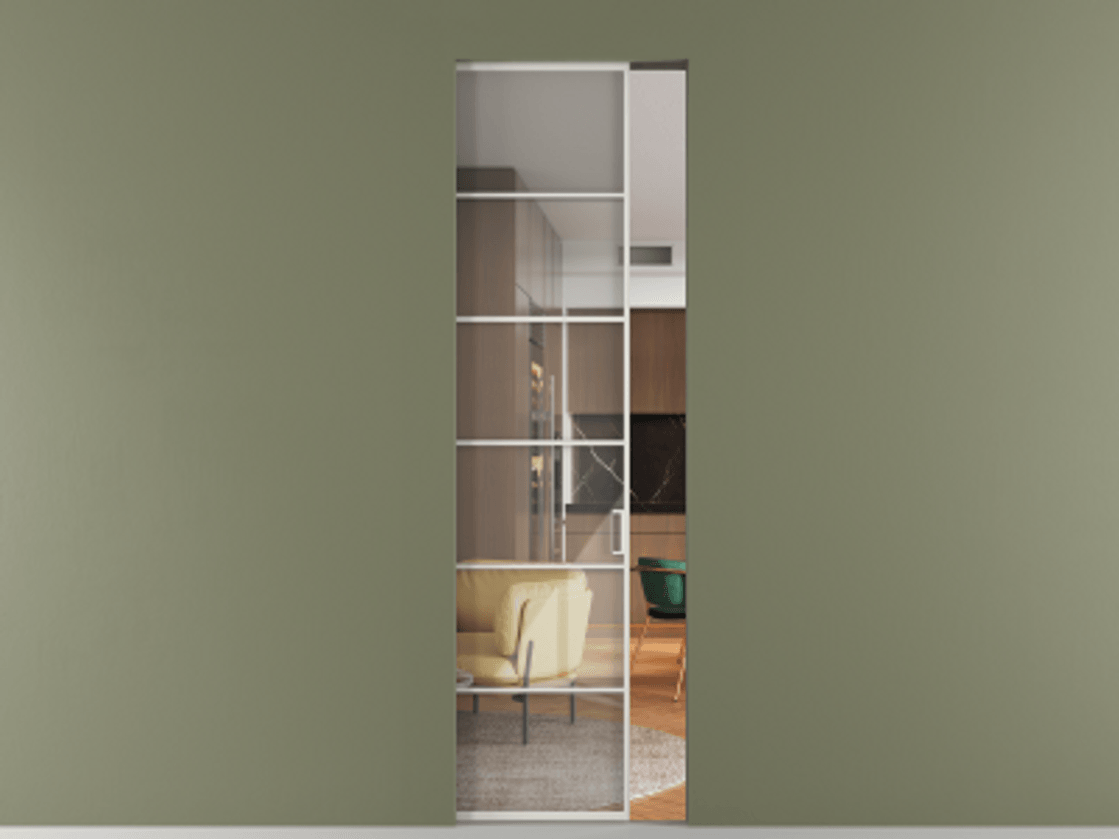 Перегородка Formato скрытый пенал 1 створка АЛПР 040.04 Алюминий Белый Рефлективное прозрачное стекло "Stopsol", калёное Цена 182200 ₽ | Volhovec