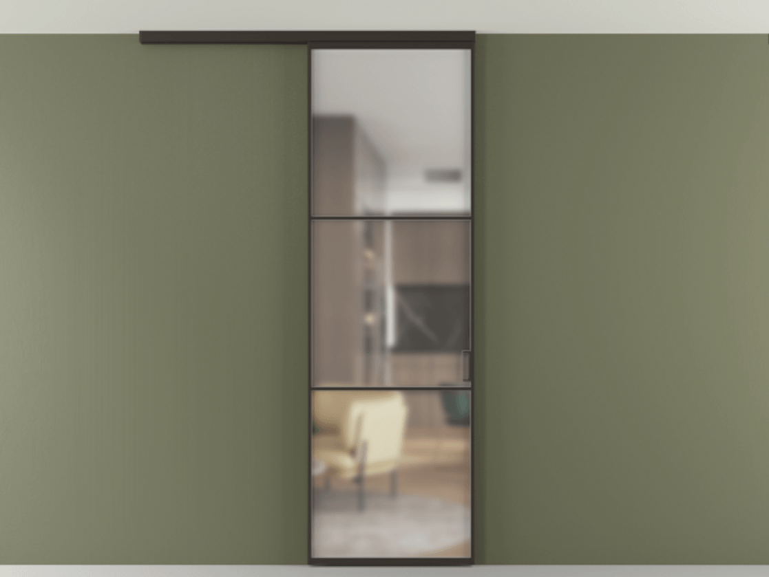 Перегородка Формато вдоль стены на потолок 1 створка АЛПР 040.03 Алюминий антрацит Сатинированное стекло "Мателюкс Кристал Вижн", калёное, матовое, каленое 6 мм Цена 107388 ₽ | Volhovec