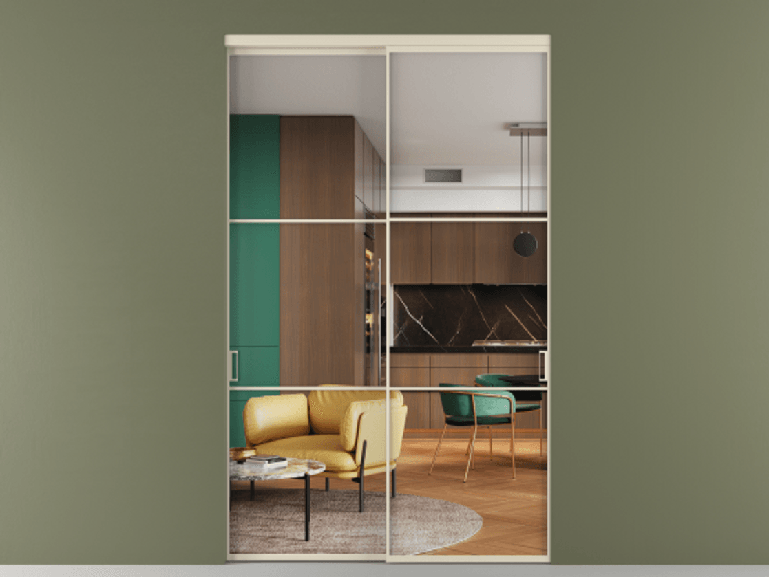 Перегородка Formato внутри проёма 2 створки АЛПР 040.03 Алюминий бежево-серый Прозрачное стекло "Crystal Vision", калёное Цена 478300 ₽  | Volhovec