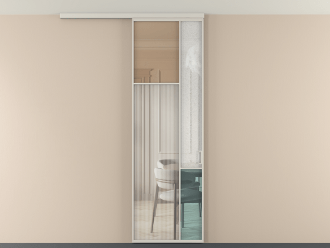 Перегородка Мозаик вдоль стены на потолок 1 створка АЛПР 041.10 Алюминий облачно-серый Комбинация стекол Группы 1 и Группы 3 Цена 141040 ₽ | Volhovec