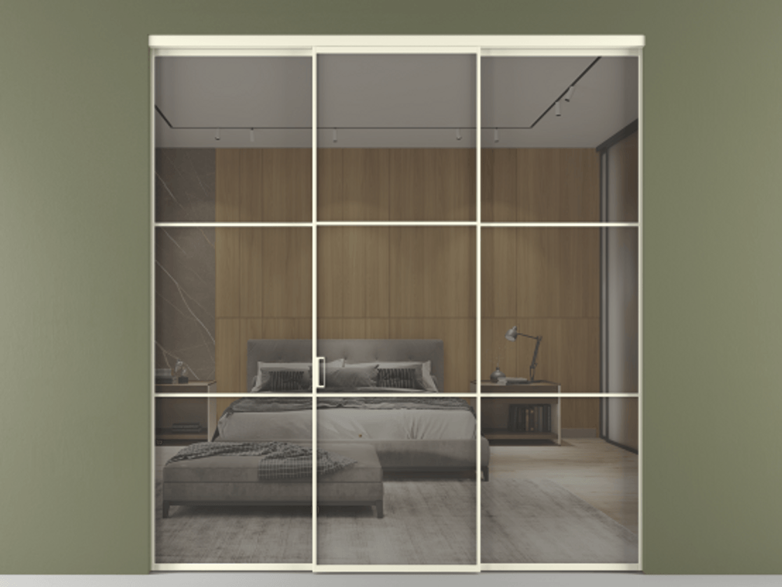 Перегородка Формато внутри проёма 3 створки АЛПР 040.03 Алюминий молочно-белый Рефлективное серое стекло "Стопсол", калёное Цена 317600 ₽ | Volhovec