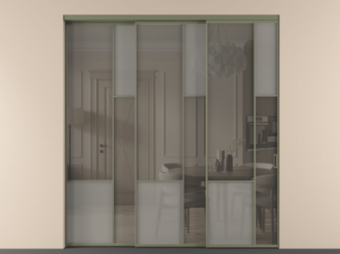 Перегородка Mosaic внутри проёма 3 створки с синхронным механизмом АЛПР 041.12 Алюминий оливковый тёмный Сатинированное серое стекло, триплекс, 6 мм + Прозрачное серое стекло, триплекс Цена 437390 ₽ | Volhovec