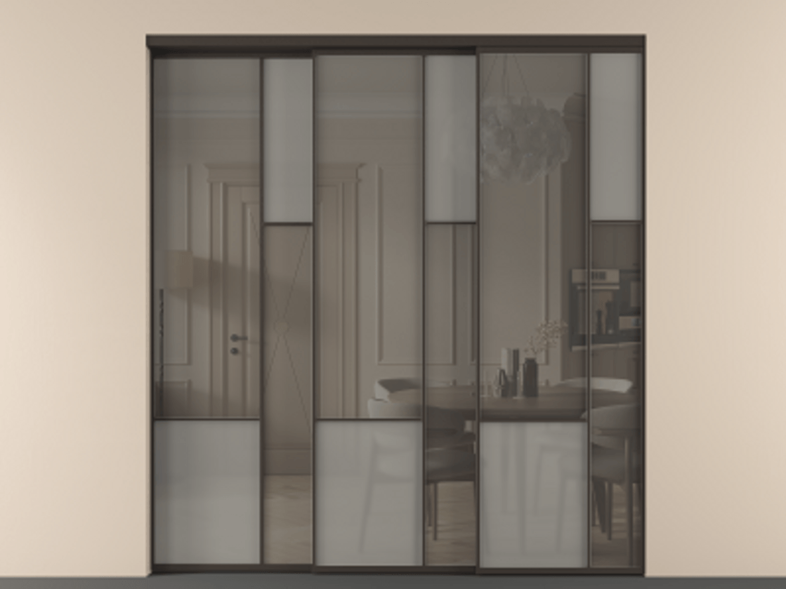 Перегородка Мозаик внутри проёма 3 створки с синхронным механизмом АЛПР 041.12 Алюминий антрацит Сатинированное серое стекло, триплекс, 6 мм + Прозрачное серое стекло, триплекс Цена 437390 ₽ | Volhovec