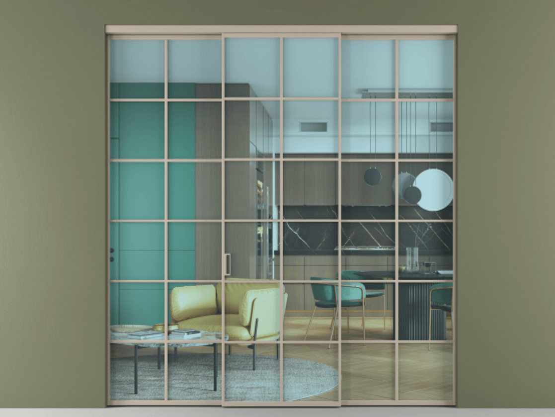 Перегородка Formato внутри проёма 3 створки АЛПР 040.05 Алюминий бисквитный Прозрачное голубое стекло, триплекс Цена 54253780 so'm | Volhovec