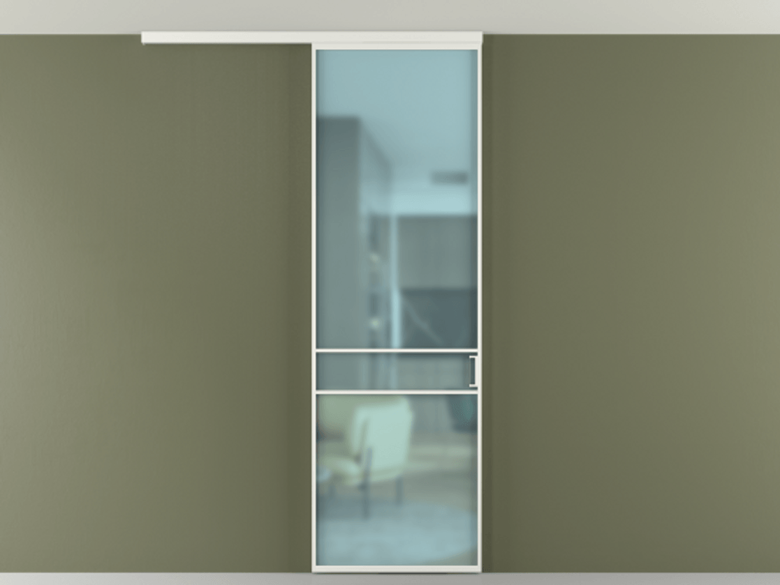 Перегородка Формато вдоль стены на потолок 1 створка АЛПР 040.02 Алюминий светло-серый Сатинированное голубое стекло, триплекс Цена 96858 ₽ | Volhovec