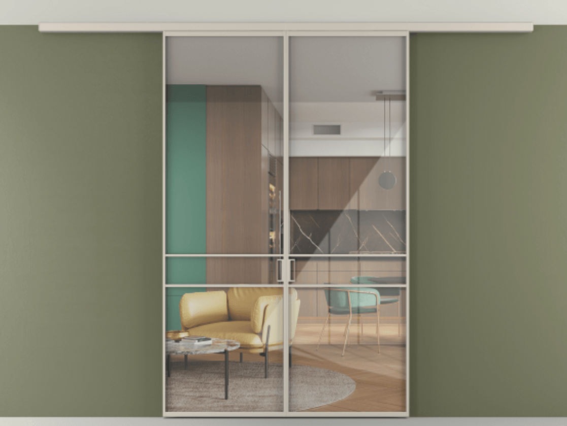 Перегородка Формато вдоль стены на потолок 2 створки АЛПР 040.02 Алюминий светло-бежевый Рефлективное прозрачное стекло "Стопсол", калёное Цена 207676 ₽ | Volhovec