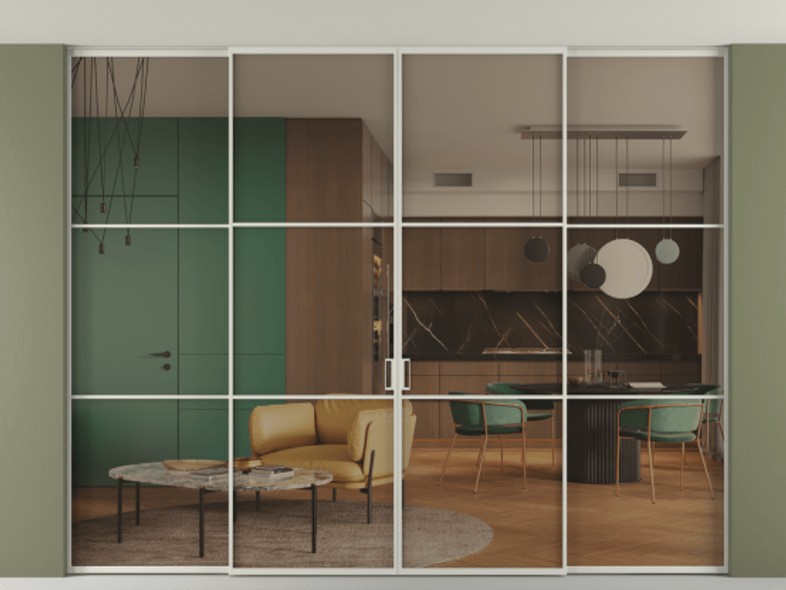 Перегородка Формато внутри проёма скрытое крепление в потолок 4 створки АЛПР 040.03 Алюминий тёплый серый Прозрачное бронзовое стекло, триплекс Цена 440530 ₽ | Volhovec