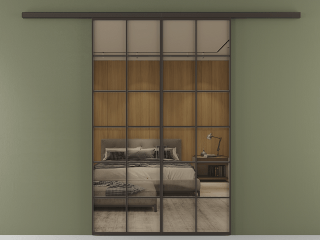 Перегородка Формато вдоль стены 2 створки АЛПР 040.05 Алюминий антрацит Рефлективное бронзовое стекло "Стопсол", калёное Цена 264600 ₽ | Volhovec