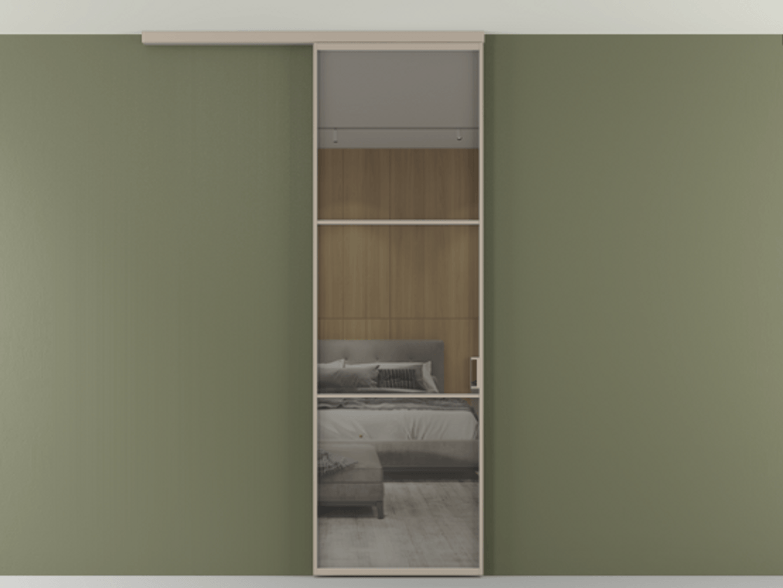 Перегородка Формато вдоль стены на потолок 1 створка АЛПР 040.03 Алюминий бисквитный Рефлективное серое стекло "Стопсол", калёное Цена 107388 ₽ | Volhovec