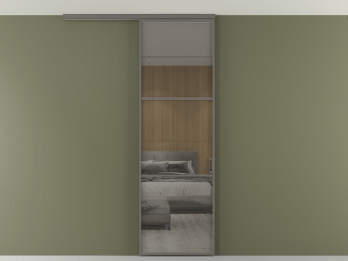 Перегородка Формато вдоль стены на потолок 1 створка АЛПР 040.03 Алюминий классический серый Рефлективное серое стекло "Стопсол", калёное Цена 156360 сом | Volhovec