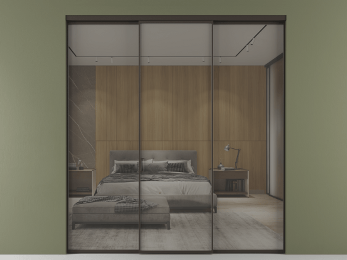 Перегородка Formato внутри проёма 3 створки АЛПР 040.01 Алюминий антрацит Рефлективное серое стекло "Stopsol", калёное Цена 301400 ₽ | Volhovec