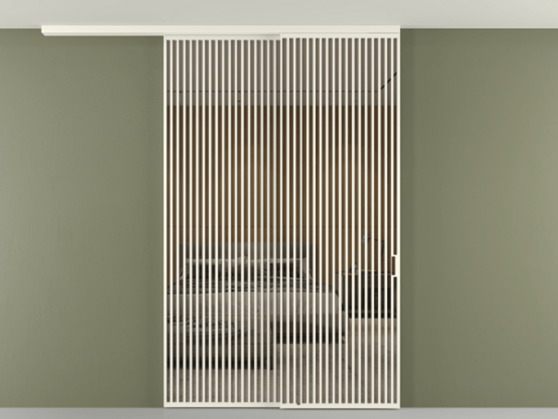 Перегородка Формато вдоль стены на потолок 2 створки с синхронным механизмом АЛПР 040.06 Алюминий жемчужный Рефлективное бронзовое стекло "Стопсол", калёное Цена 463256 ₽ | Volhovec