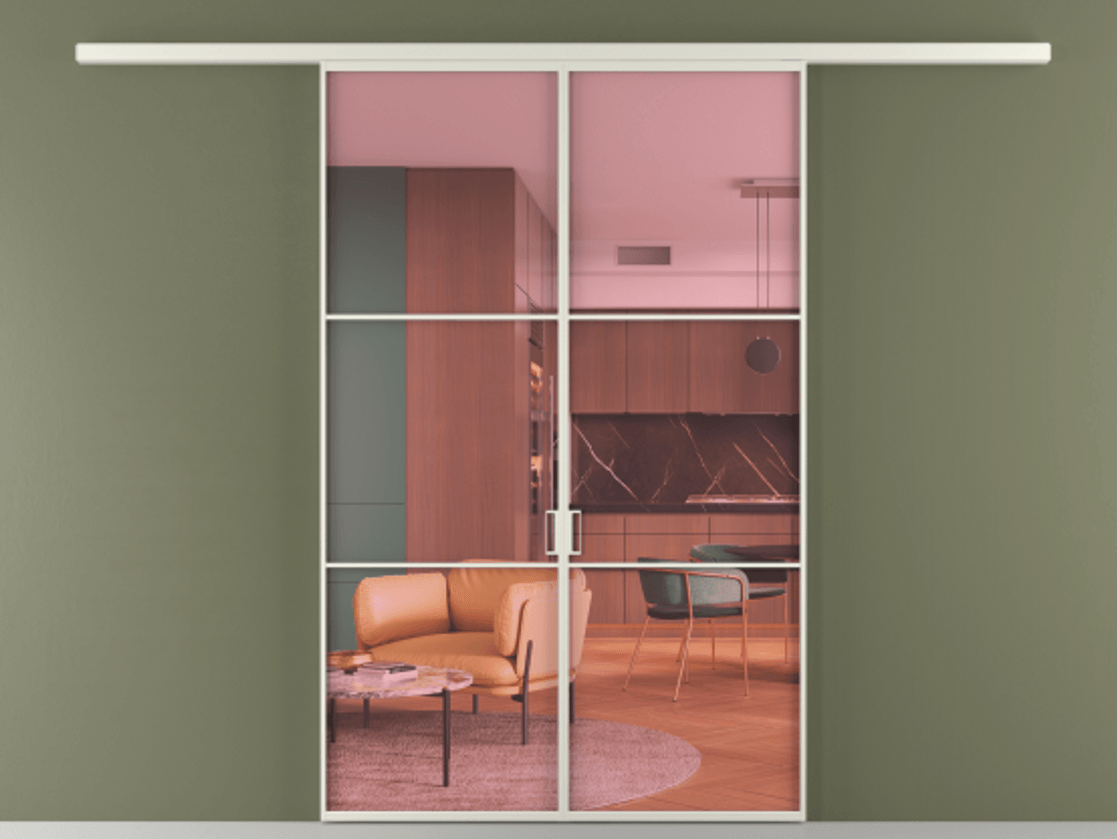 Перегородка Formato вдоль стены 2 створки АЛПР 040.03 Алюминий Белый Прозрачное розовое стекло, триплекс Цена 223700 ₽ | Volhovec