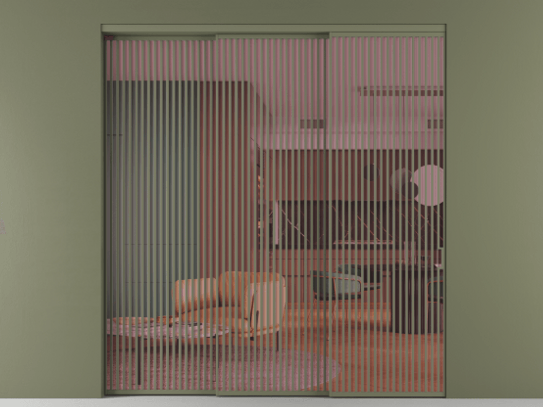 Перегородка Formato внутри проёма 3 створки с синхронным механизмом АЛПР 040.06 Алюминий оливковый тёмный Прозрачное розовое стекло, триплекс Цена 579740 ₽  | Volhovec