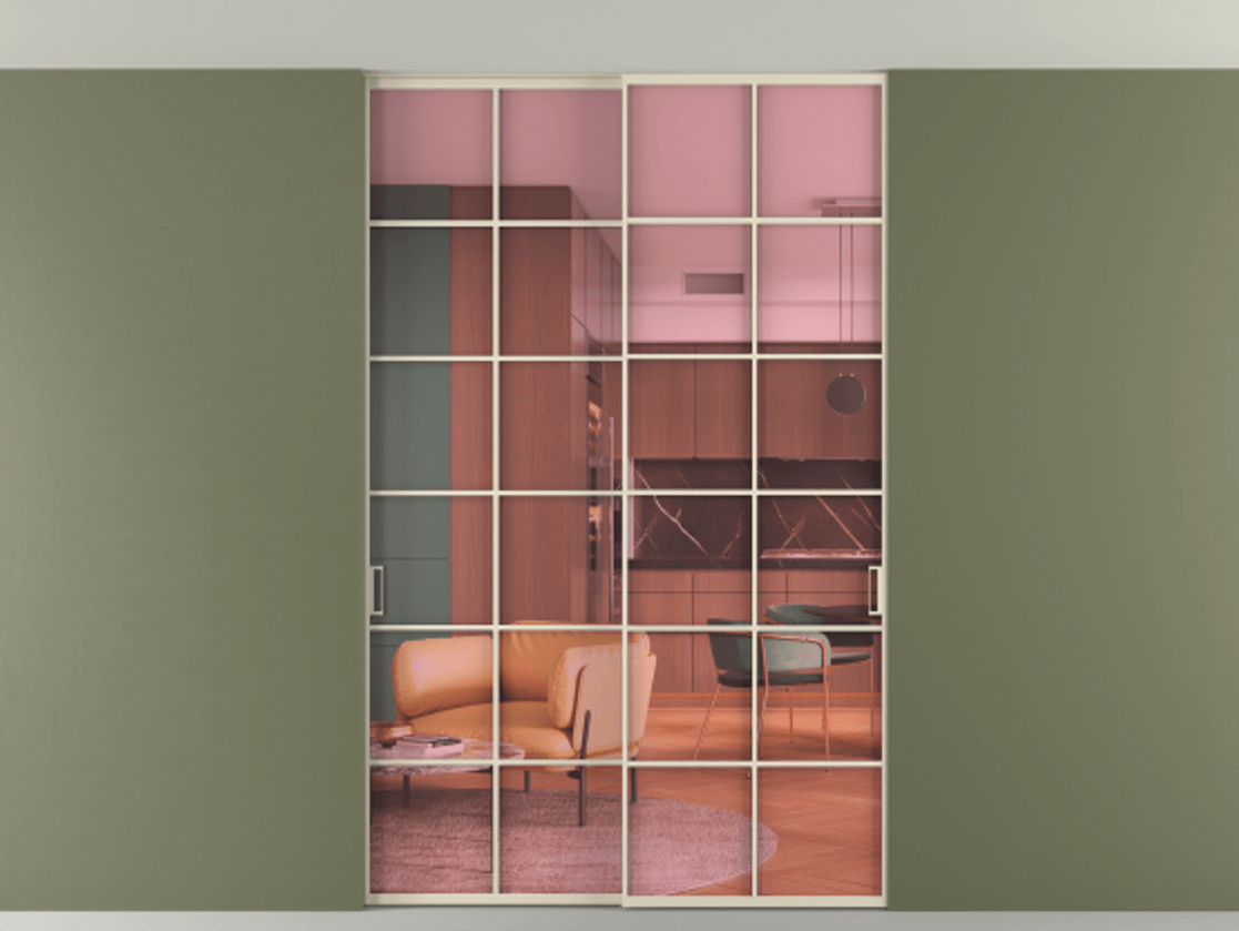 Перегородка Формато внутри проёма скрытое крепление в потолок 2 створки АЛПР 040.05 Алюминий бежево-серый Прозрачное розовое стекло, триплекс Цена 261085 ₽ | Volhovec