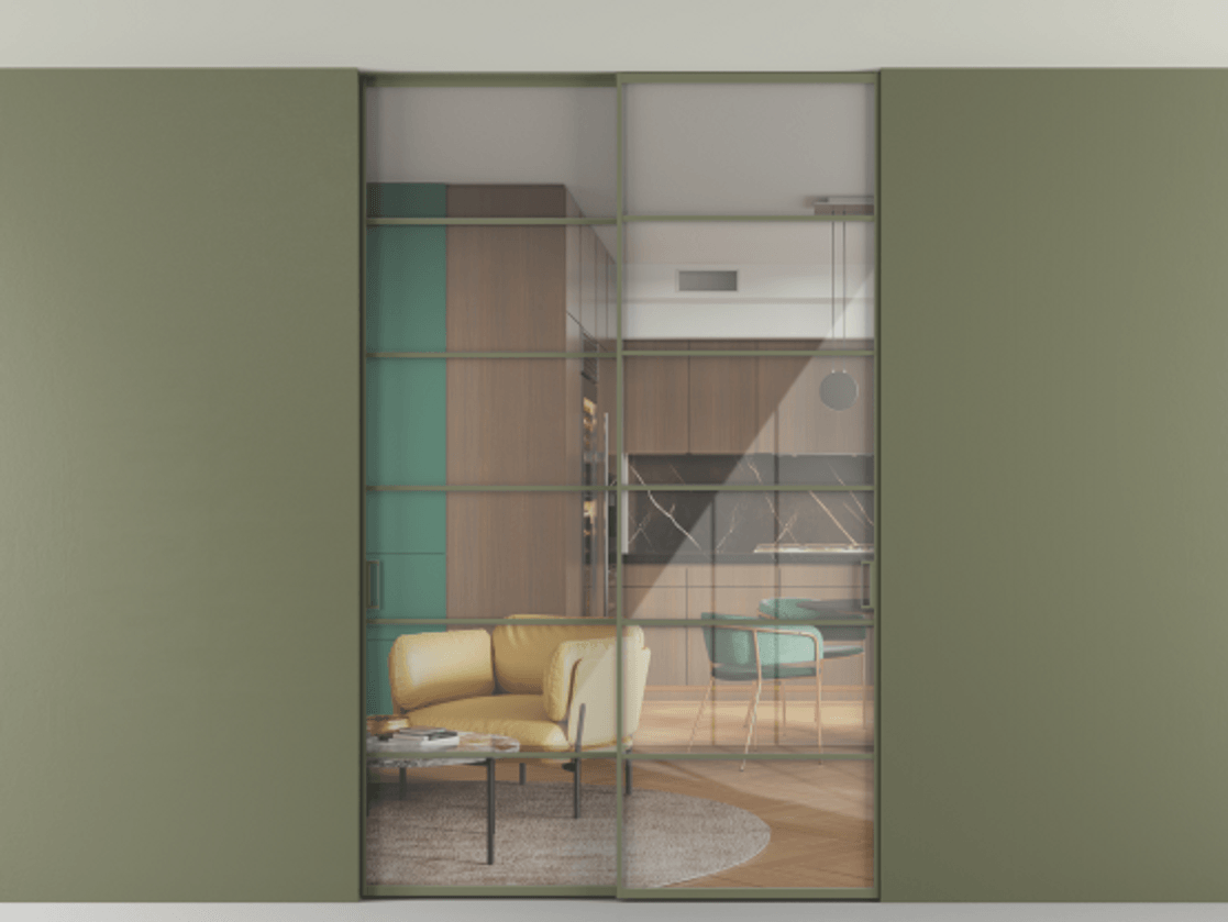 Перегородка Формато внутри проёма скрытое крепление в потолок 2 створки АЛПР 040.04 Алюминий оливковый тёмный Рефлективное прозрачное стекло "Стопсол", калёное Цена 322680 ₽ | Volhovec