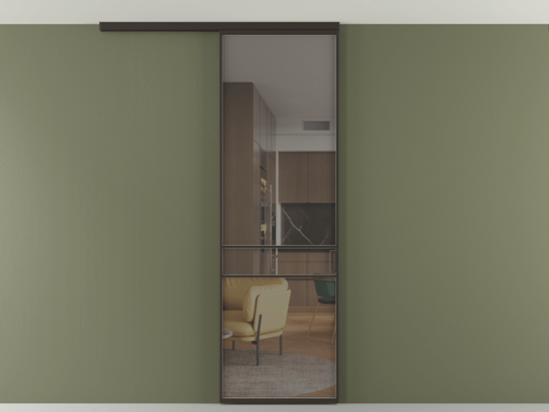 Перегородка Формато вдоль стены на потолок 1 створка АЛПР 040.02 Алюминий антрацит Прозрачное серое стекло, триплекс Цена 100988 ₽ | Volhovec