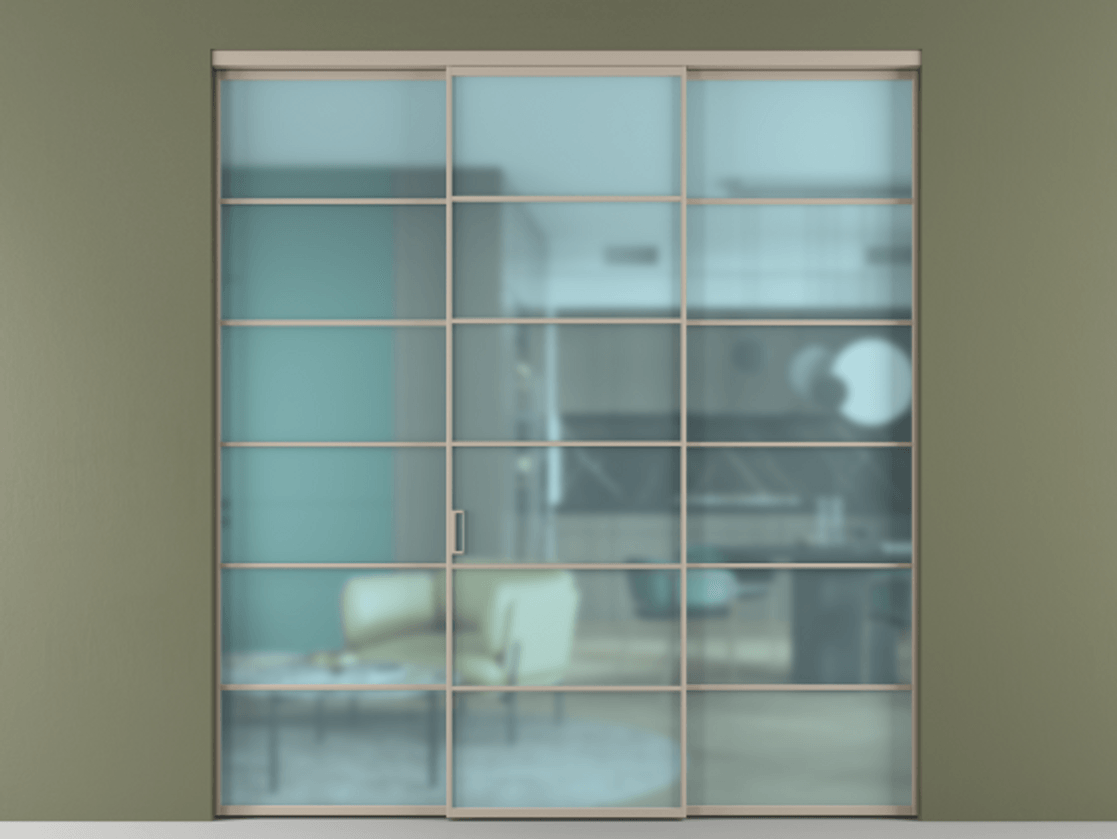 Перегородка Формато внутри проёма 3 створки АЛПР 040.04 Алюминий бисквитный Сатинированное голубое стекло, триплекс Цена 254825 ₽ | Volhovec