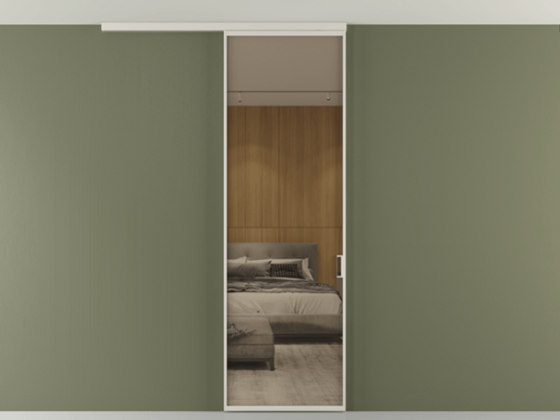 Перегородка Formato вдоль стены на потолок 1 створка АЛПР 040.01 Алюминий облачно-серый Рефлективное бронзовое стекло "Стопсол", калёное Цена 143480 ₽ | Volhovec