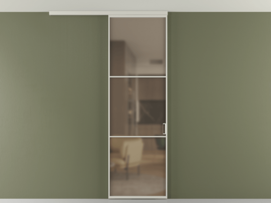 Перегородка Формато вдоль стены на потолок 1 створка АЛПР 040.03 Алюминий тёплый серый Сатинированное бронзовое стекло, триплекс Цена 96858 ₽ | Volhovec