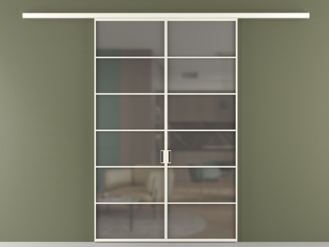 Перегородка Формато вдоль стены 2 створки АЛПР 040.04 Алюминий жемчужный Сатинированное серое стекло, триплекс Цена 207150 ₽ | Volhovec