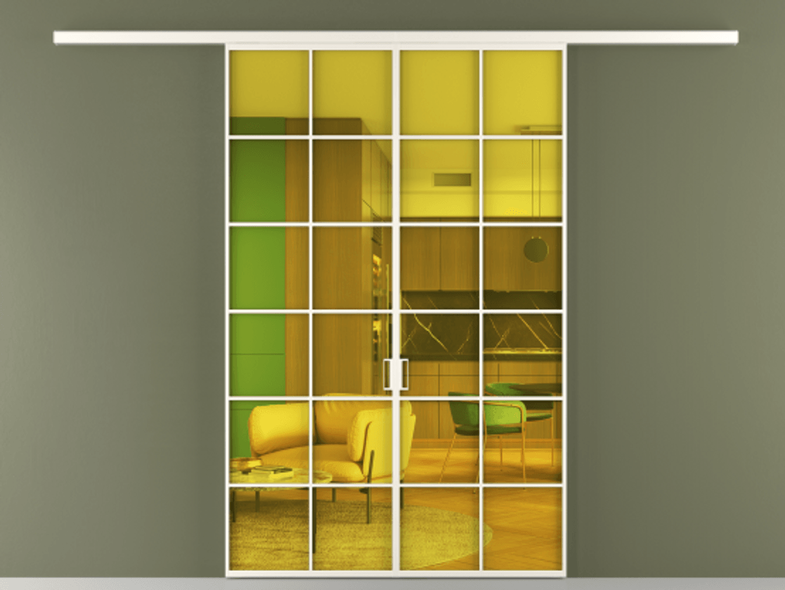 Перегородка Формато вдоль стены 2 створки АЛПР 040.05 Алюминий пудровый белый Прозрачное жёлтое стекло, триплекс Цена 207150 ₽ | Volhovec