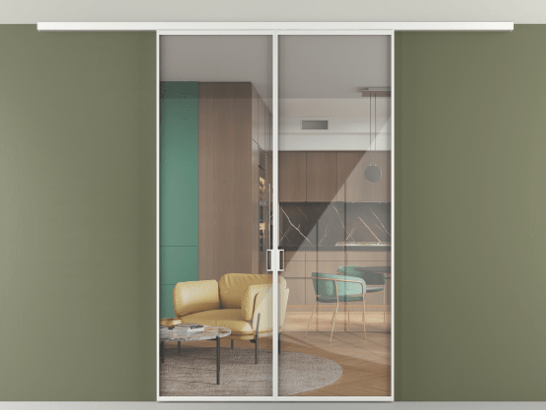 Перегородка Формато вдоль стены на потолок 2 створки АЛПР 040.01 Алюминий белоснежный Рефлективное прозрачное стекло "Стопсол", калёное Цена 198172 ₽ | Volhovec