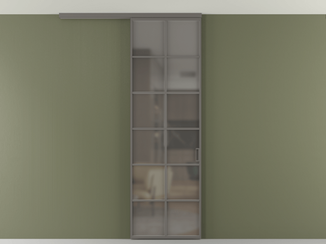 Перегородка Формато вдоль стены на потолок 1 створка АЛПР 040.05 Алюминий классический серый Сатинированное серое стекло, триплекс Цена 103293 ₽ | Volhovec