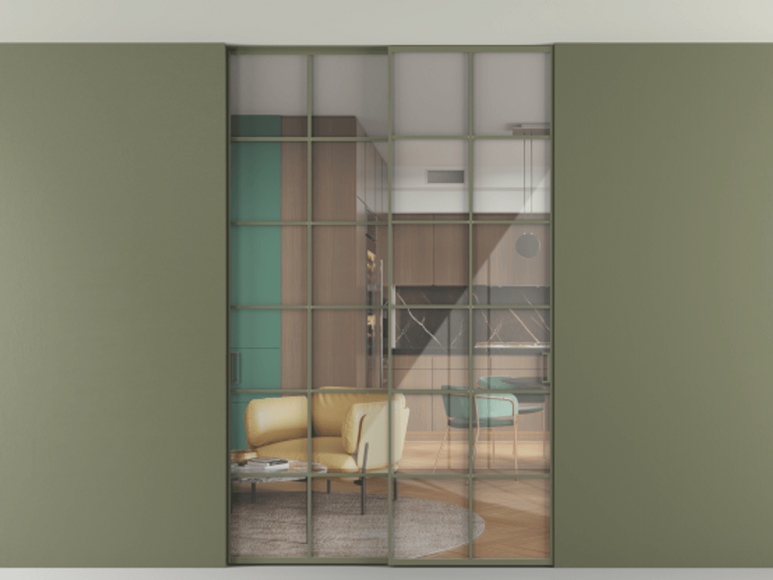 Перегородка Формато внутри проёма скрытое крепление в потолок 2 створки АЛПР 040.05 Алюминий оливковый тёмный Рефлективное прозрачное стекло "Стопсол", калёное Цена 322680 ₽ | Volhovec