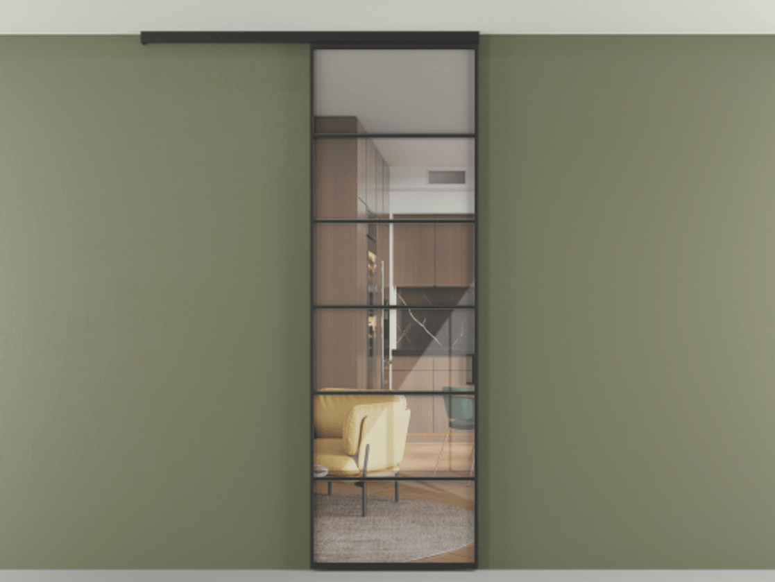 Перегородка Формато вдоль стены на потолок 1 створка АЛПР 040.04 Алюминий Черный Рефлективное прозрачное стекло "Стопсол", калёное Цена 128990 ₽ | Volhovec