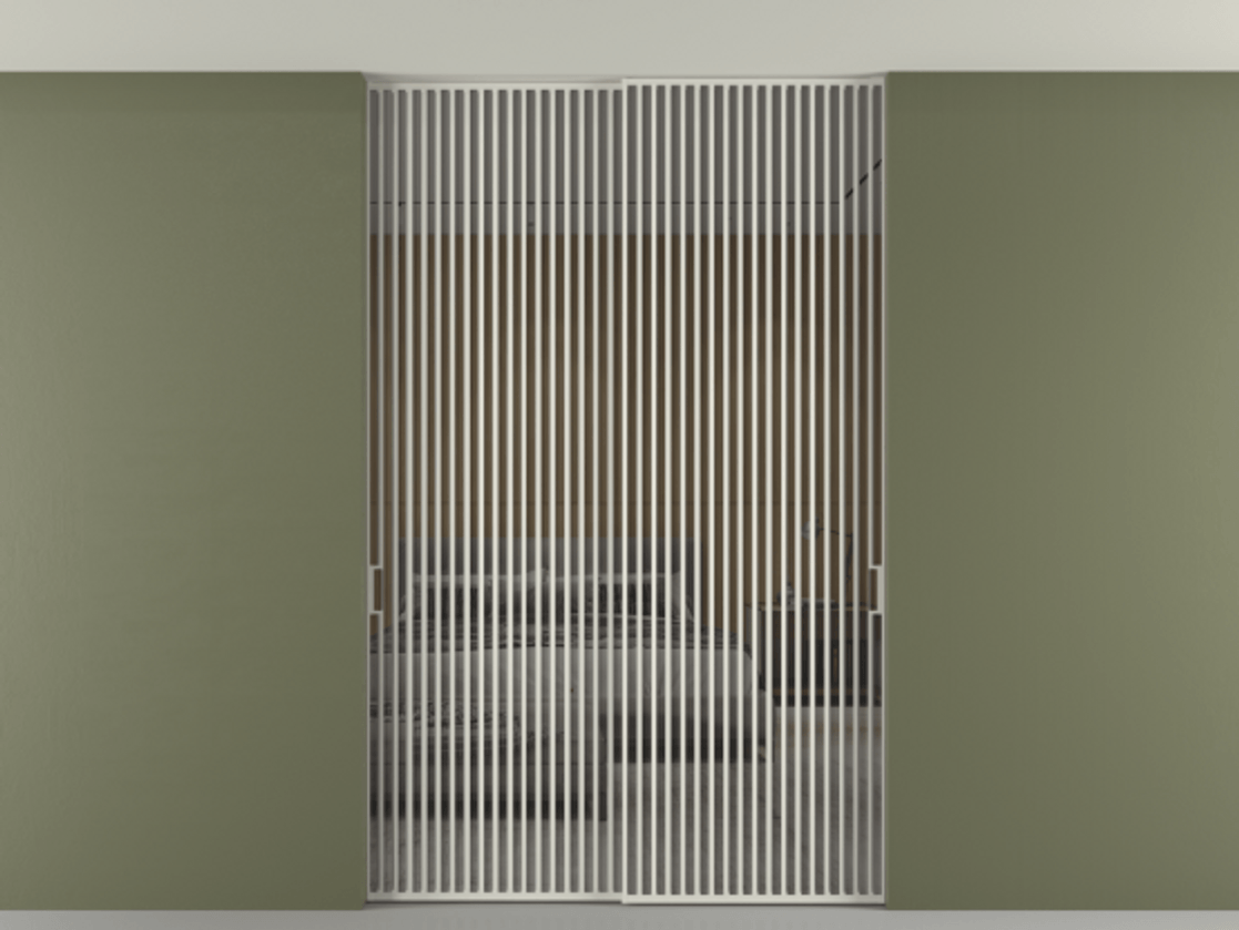 Перегородка Формато внутри проёма скрытое крепление в потолок 2 створки АЛПР 040.06 Алюминий Белый Рефлективное серое стекло "Стопсол", калёное Цена 502860 ₽ | Volhovec