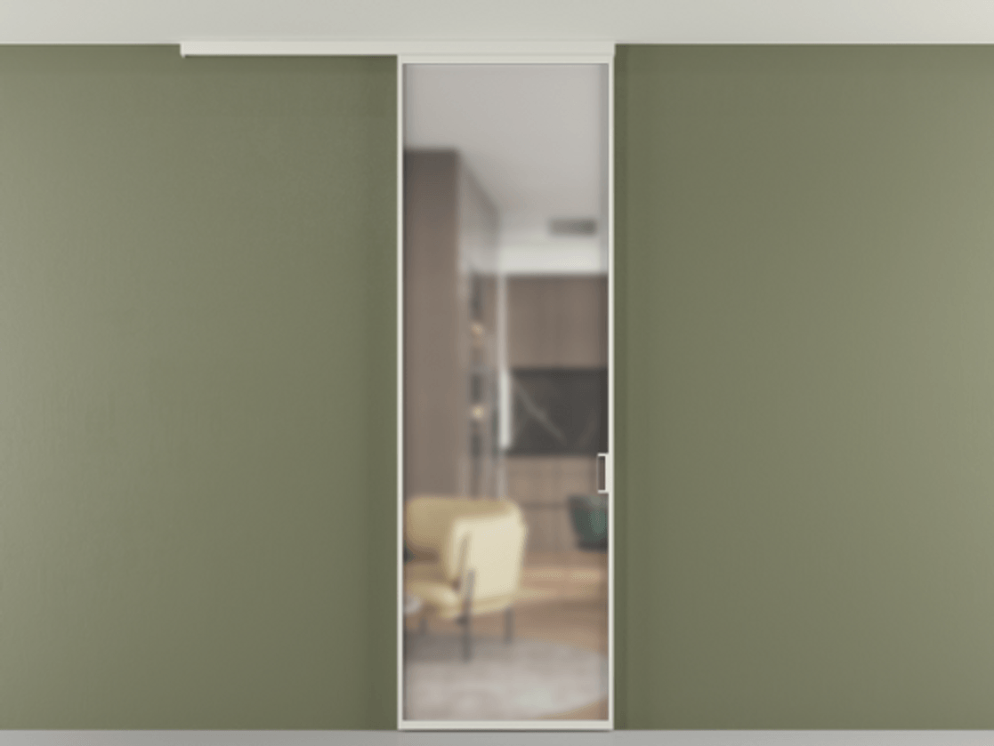 Перегородка Formato вдоль стены на потолок 1 створка АЛПР 040.01 Алюминий Белый Сатинированное стекло "Matelux Crystal Vision", калёное, матовое, каленое 6 мм Цена 115130 ₽ | Volhovec