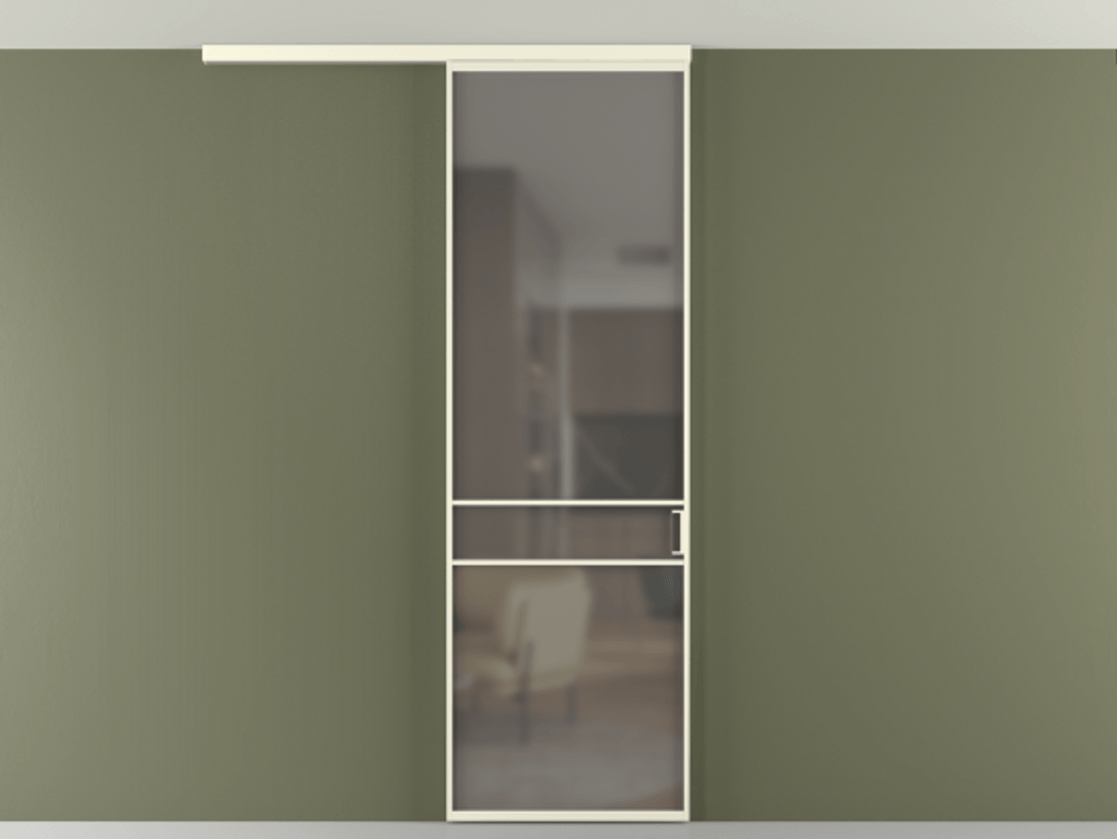 Перегородка Формато вдоль стены на потолок 1 створка АЛПР 040.02 Алюминий молочно-белый Сатинированное серое стекло, триплекс Цена 96858 ₽ | Volhovec