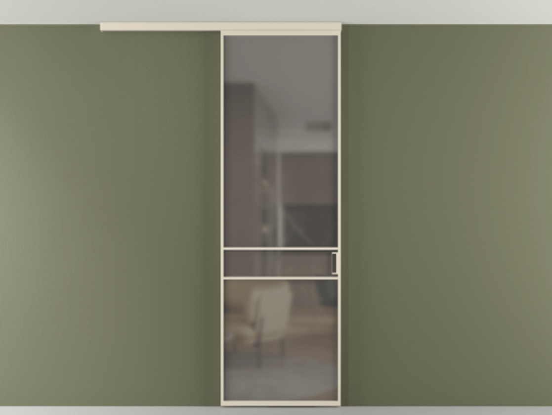 Перегородка Формато вдоль стены на потолок 1 створка АЛПР 040.02 Алюминий бежево-серый Сатинированное серое стекло, триплекс Цена 96858 ₽ | Volhovec