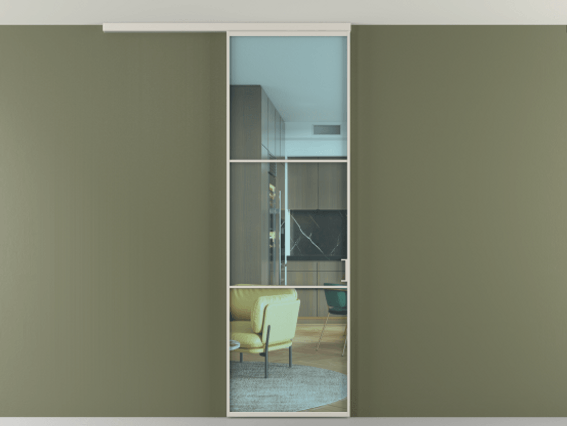 Перегородка Формато вдоль стены на потолок 1 створка АЛПР 040.03 Алюминий облачно-серый Прозрачное голубое стекло, триплекс Цена 96858 ₽ | Volhovec