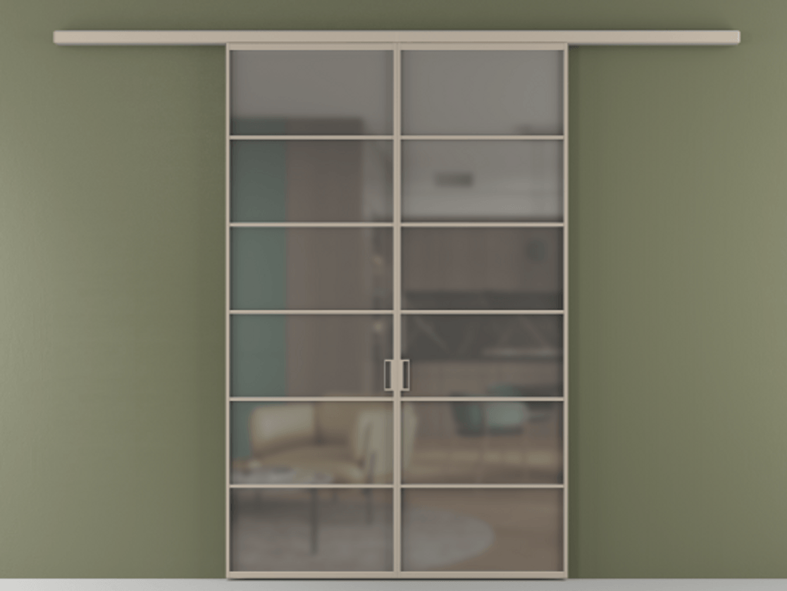 Перегородка Formato вдоль стены 2 створки АЛПР 040.04 Алюминий бисквитный Сатинированное серое стекло, триплекс Цена 248600 ₽ | Volhovec