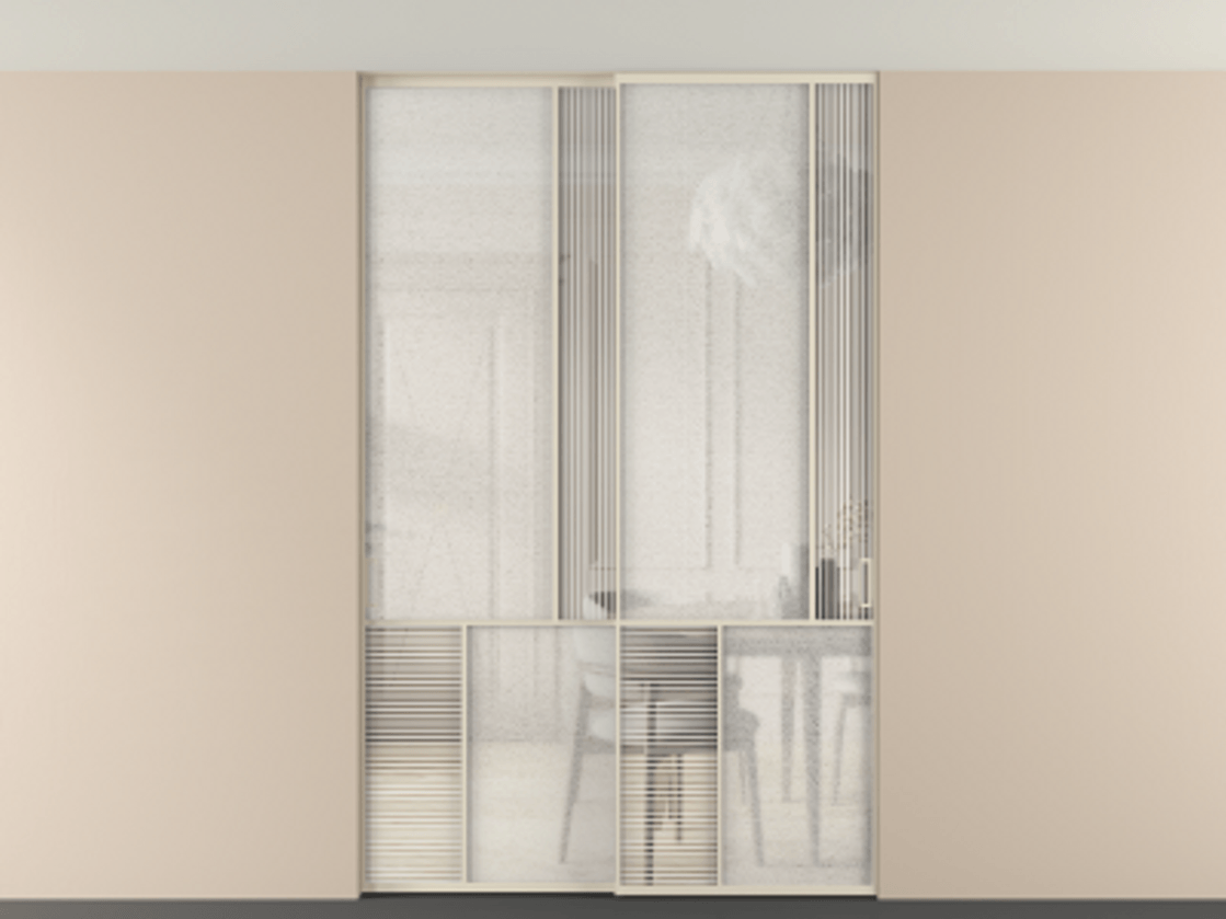 Перегородка Мозаик внутри проёма скрытое крепление в потолок 2 створки АЛПР 041.21 Алюминий бежево-серый Рифлёное стекло "Дюна", триплекс, 6 мм + Фактурное стекло "Лёд", триплекс Цена 340580 ₽ | Volhovec