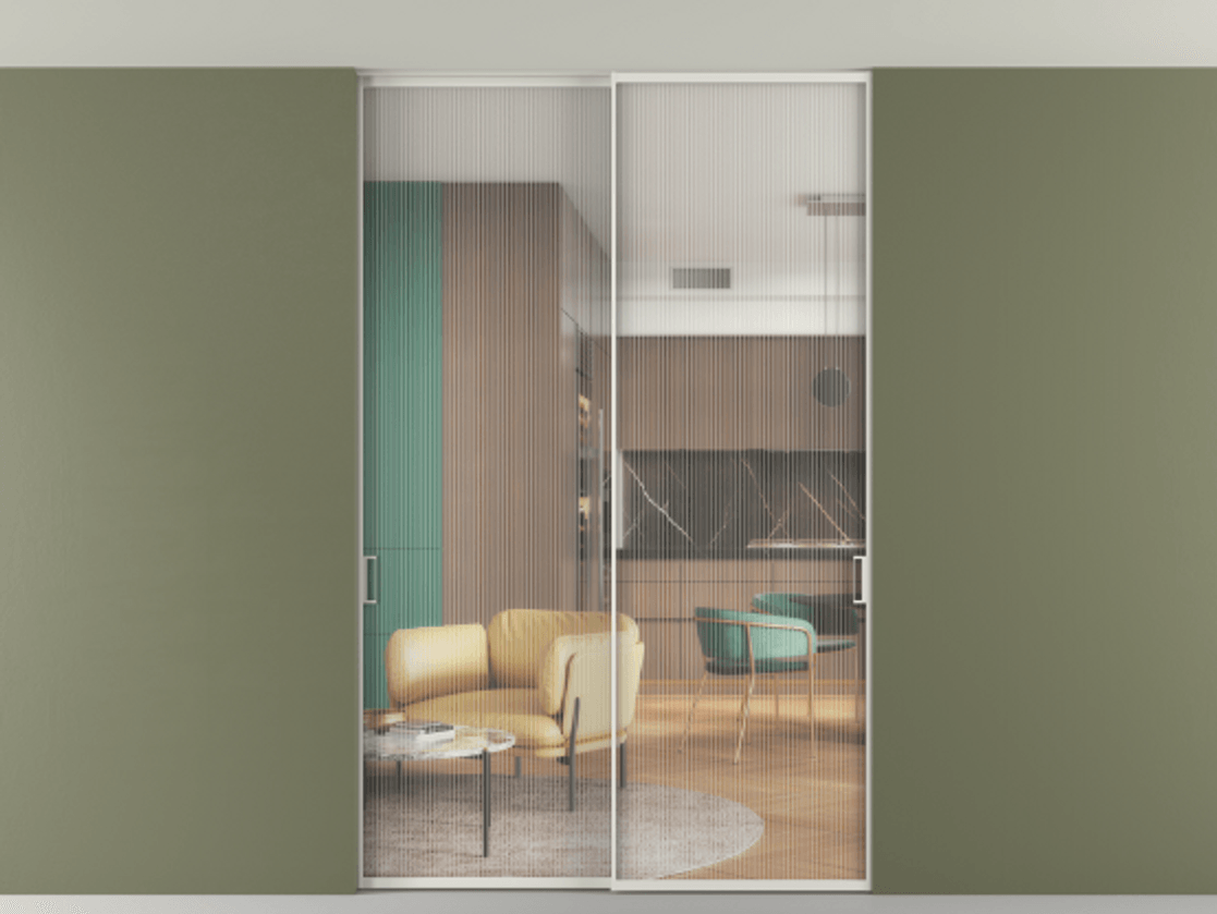 Перегородка Формато внутри проёма скрытое крепление в потолок 2 створки АЛПР 040.01 Алюминий серый Рифлёное стекло "Мору", триплекс Цена 251305 ₽ | Volhovec