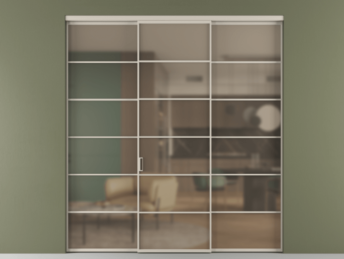 Перегородка Формато внутри проёма 3 створки АЛПР 040.04 Алюминий светло-бежевый Сатинированное бронзовое стекло, триплекс Цена 267570 ₽ | Volhovec