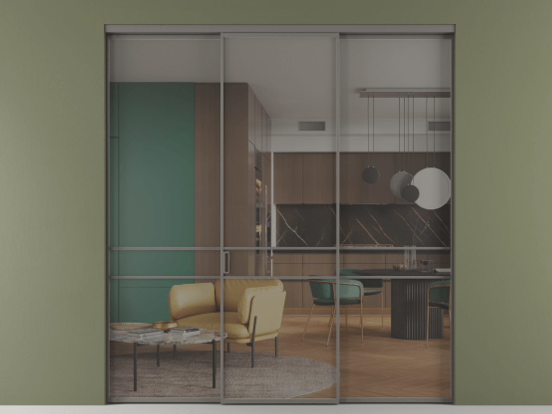 Перегородка Формато внутри проёма 3 створки АЛПР 040.02 Алюминий классический серый Рефлективное серое стекло "Стопсол", калёное Цена 317600 ₽ | Volhovec