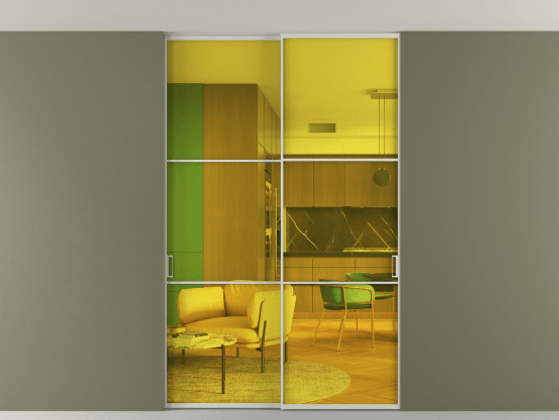 Перегородка Формато внутри проёма скрытое крепление в потолок 2 створки АЛПР 040.03 Алюминий тёплый серый Прозрачное жёлтое стекло, триплекс Цена 248215 ₽ | Volhovec