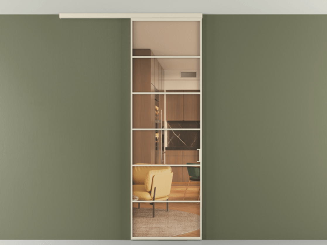 Перегородка Формато вдоль стены на потолок 1 створка АЛПР 040.04 Алюминий бежево-серый Прозрачное оранжевое стекло, триплекс Цена 103293 ₽ | Volhovec