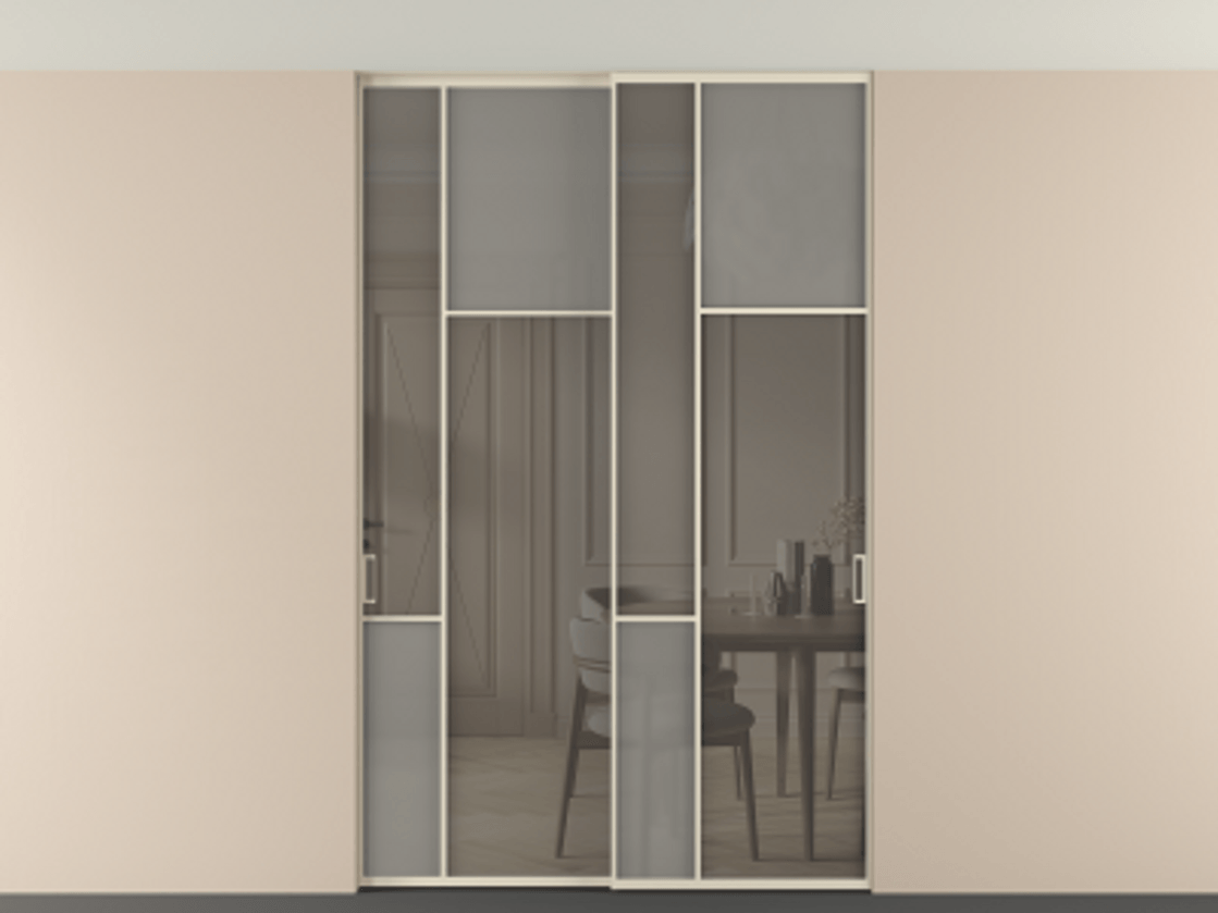 Перегородка Мозаик внутри проёма скрытое крепление в потолок 2 створки АЛПР 041.11 Алюминий бежево-серый Сатинированное серое стекло, триплекс, 6 мм + Прозрачное серое стекло, триплекс Цена 324580 ₽ | Volhovec